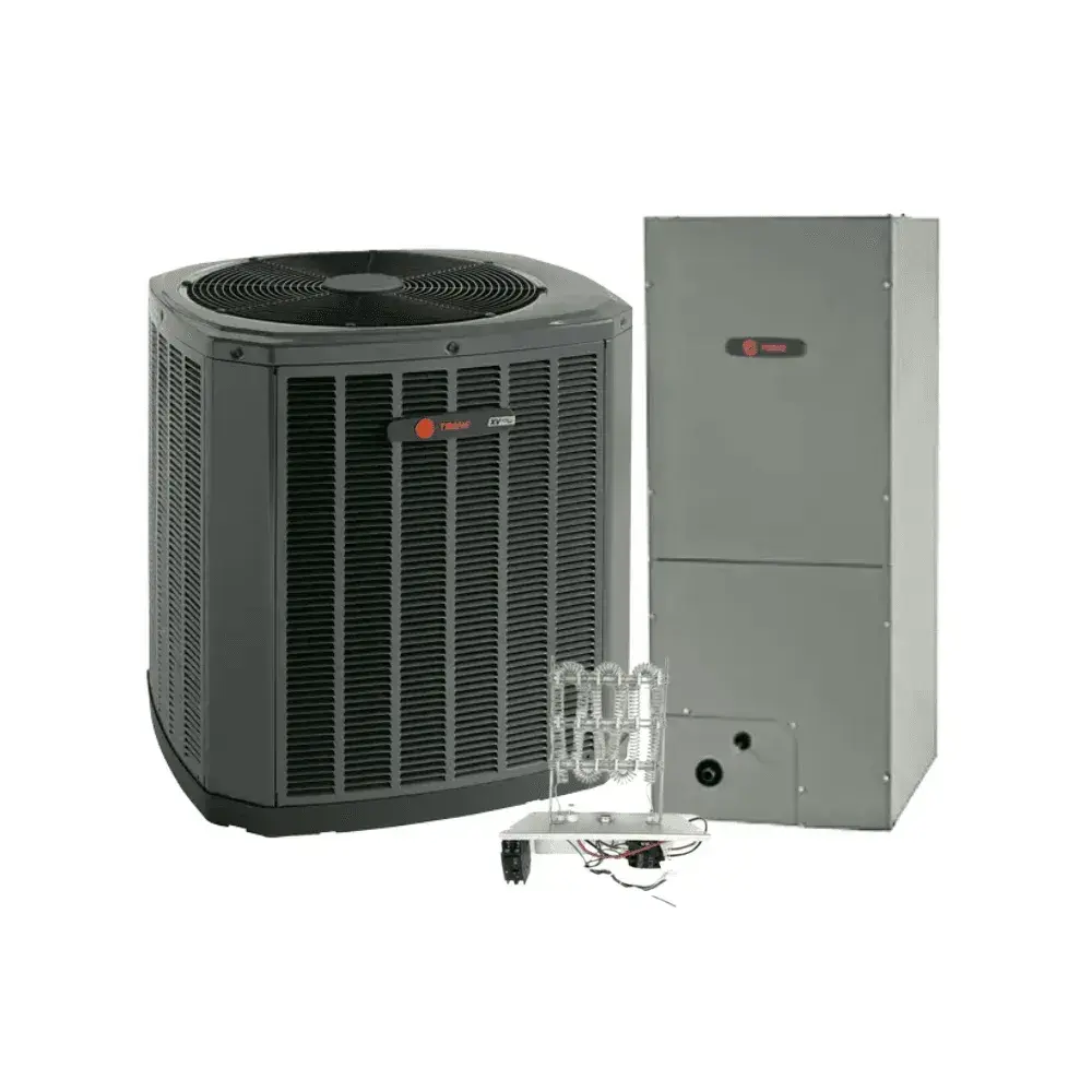 Close-up of a modern Trane heat pump outdoor unit on a concrete pad, surrounded by desert landscaping, exemplifying advanced heat pump technology for efficient heating and cooling in Arizona.
