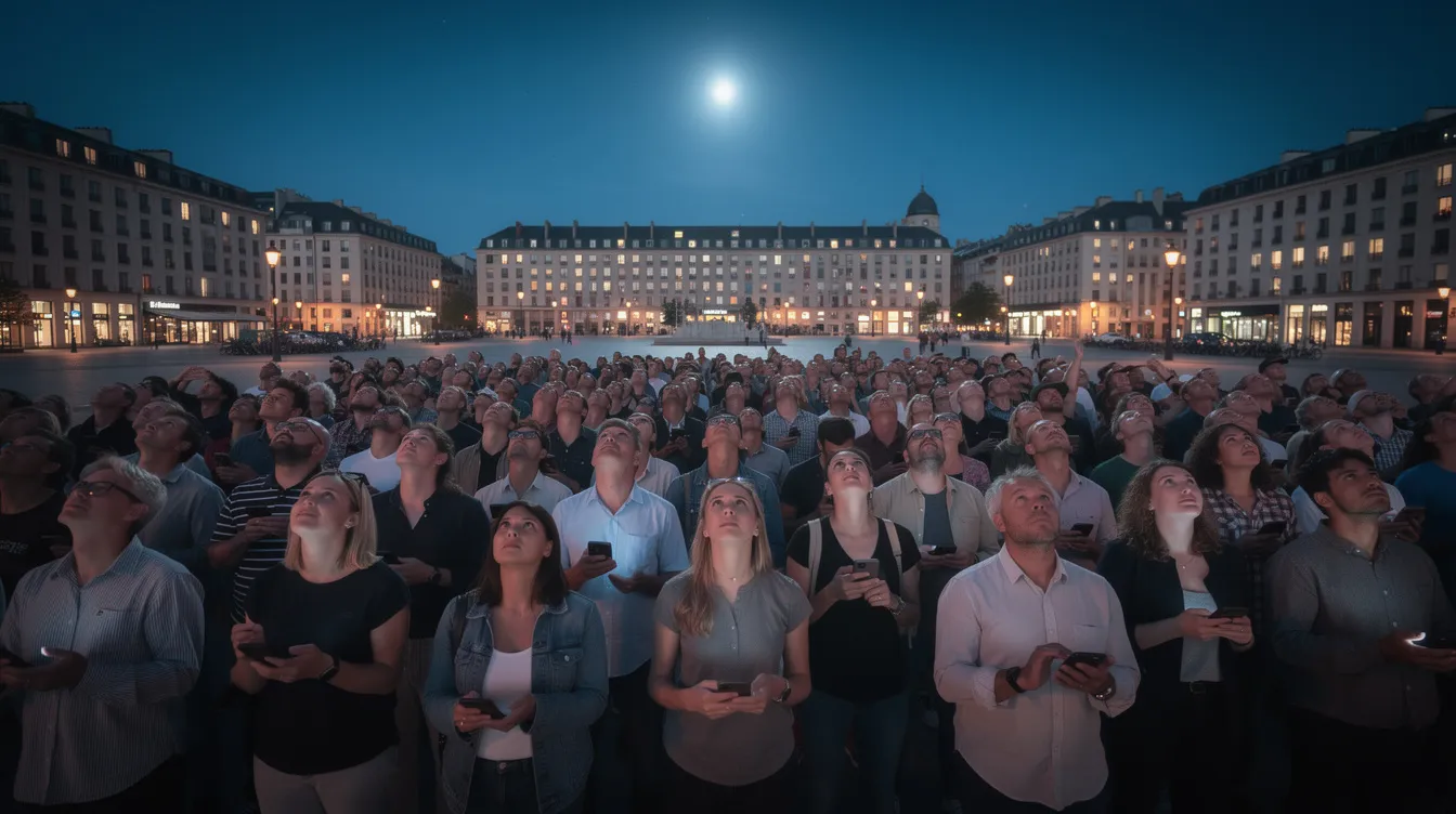 Auf einem großen Platz versammelt sich eine Menschenmenge, die zunächst auf ihre Handys und den Boden schaut. Plötzlich richten alle ihren Blick nach oben, wo ein heller Lichtpunkt am Himmel sichtbar ist, was an die Thematik des Films "Don't Look Up" erinnert.
