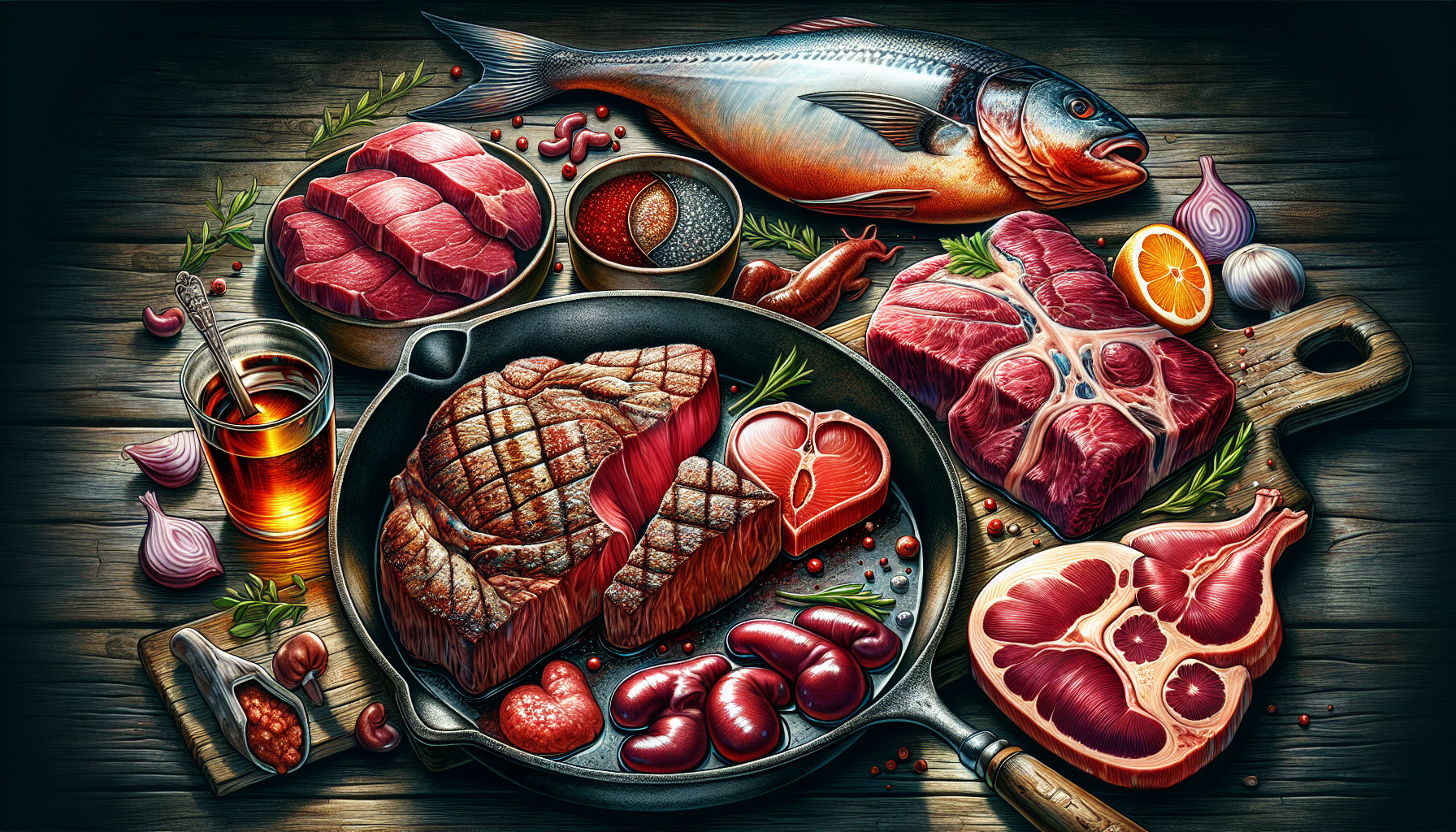 A selection of nutrient-dense animal foods including grass-fed meats, organ meats, and fatty fish