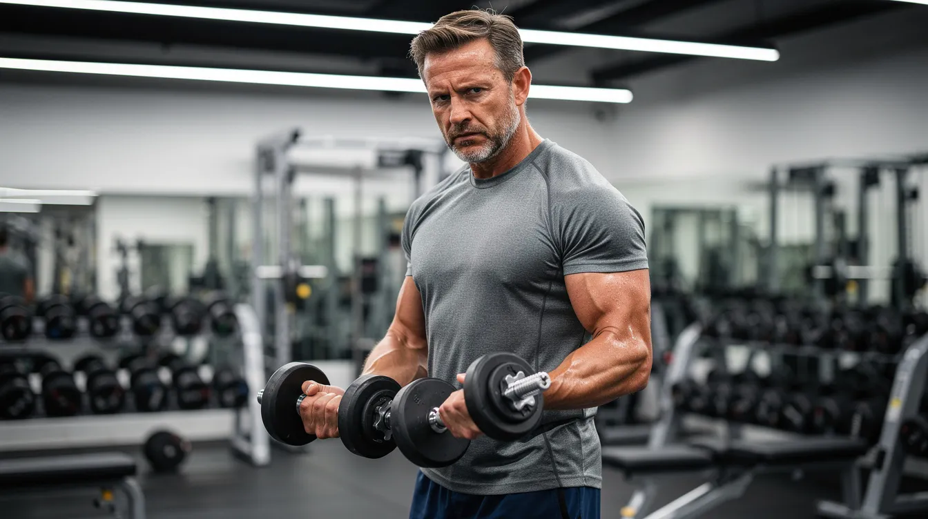 A middle-aged man is lifting dumbbells in a bright gym, showcasing his focused determination to enhance his physical fitness. His effort reflects a commitment to good health and potentially increasing testosterone levels through exercise and dietary supplements.