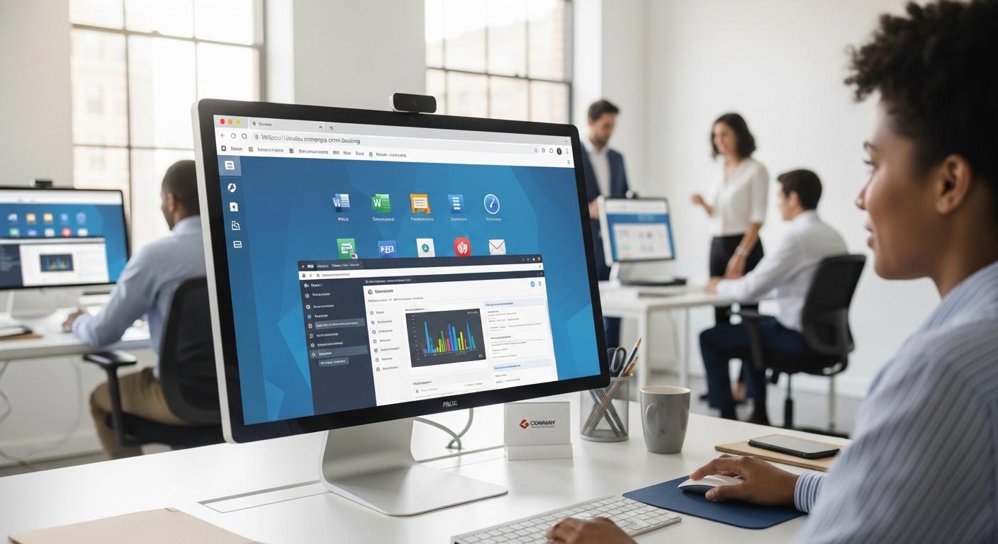 Professional workspace scene highlighting frictionless virtual desktop access through a browser, reducing onboarding time and support requests.