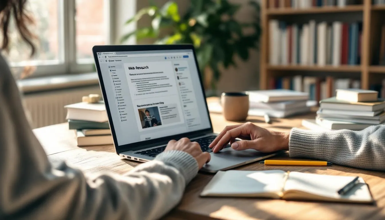 A person is focused on writing content on their computer, surrounded by research materials such as books and notes, which may include information on search engine optimization, keyword research, and SEO strategies to enhance website visibility and improve search engine rankings.