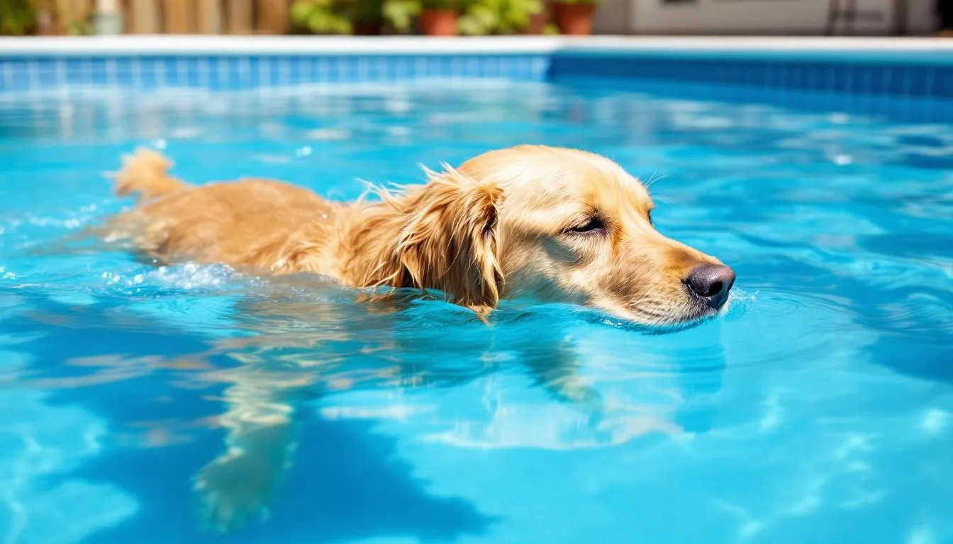 A dog is joyfully swimming in a pool, engaging in low-impact exercise that supports joint health and promotes mobility. This activity is beneficial for maintaining healthy joints and can help ease joint stiffness and discomfort in dogs, especially senior ones.