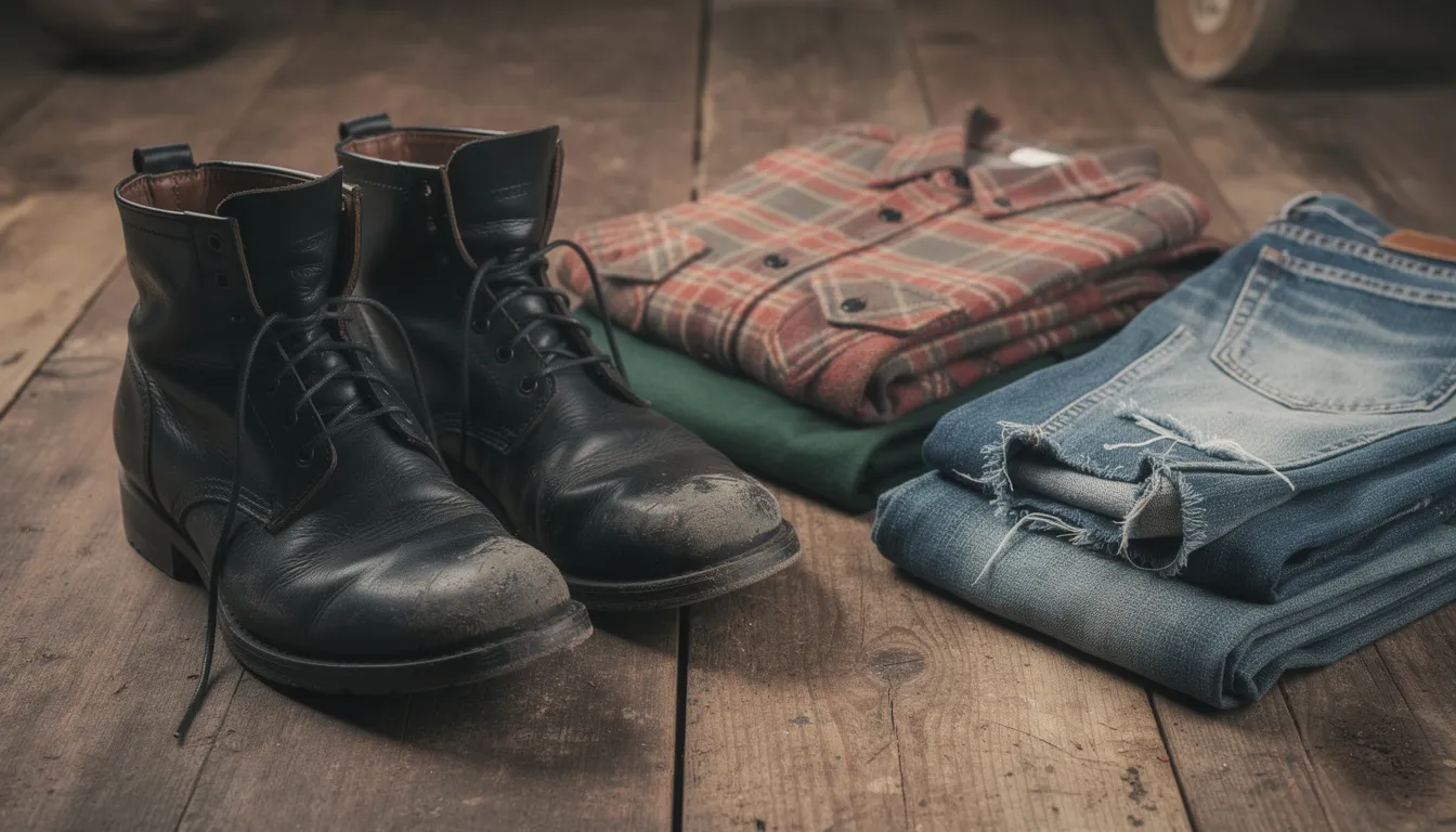 A pair of worn black leather combat boots sits beside neatly folded plaid flannel shirts and faded denim jeans, embodying the essence of grunge fashion. This arrangement reflects the relaxed and edgy style associated with the 90s grunge movement, reminiscent of iconic bands and their timeless fashion trends.
