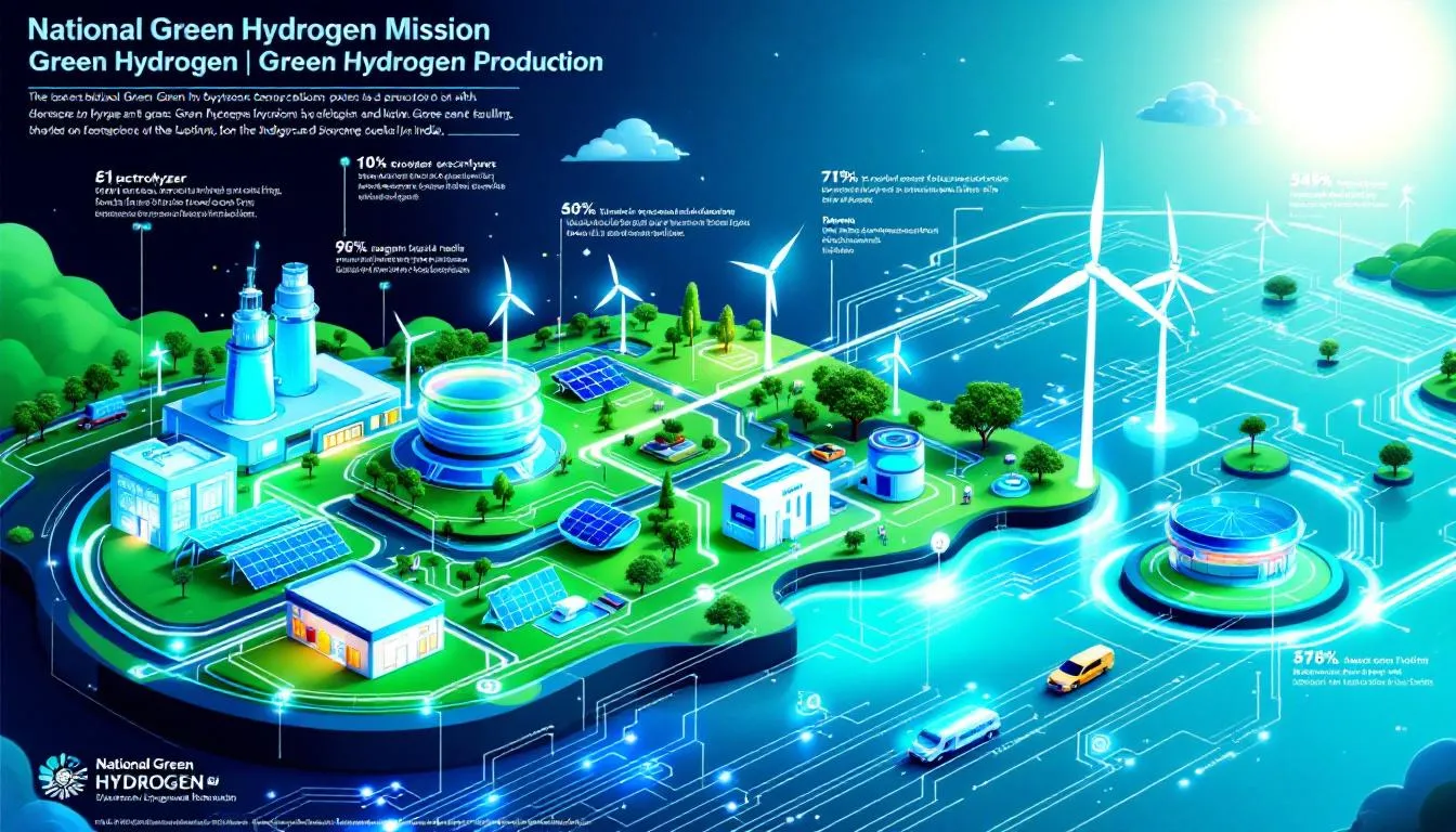 A diagram showing the National Green Hydrogen Mission initiatives and their impact on green hydrogen production in India.