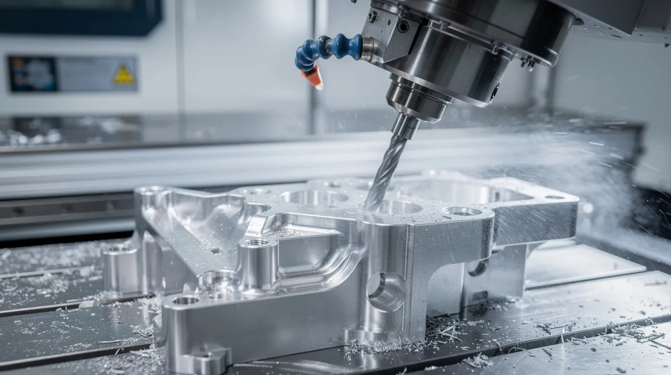 A close-up view of a 5-axis CNC milling machine is shown, actively cutting an aluminum aerospace bracket, showcasing the precision machining capabilities essential for creating complex geometries in aerospace components. The machine's advanced features highlight its role in CNC machining services, ensuring tight tolerances and high-quality production parts.
