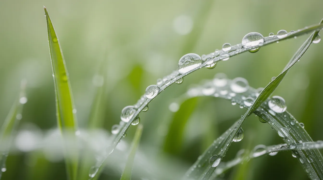 A close-up view of vibrant green grass blades glistening with water droplets after rain, showcasing healthy growth and a lush lawn. This image highlights the importance of soil health and proper lawn care, essential for maintaining established lawns and encouraging strong root development.