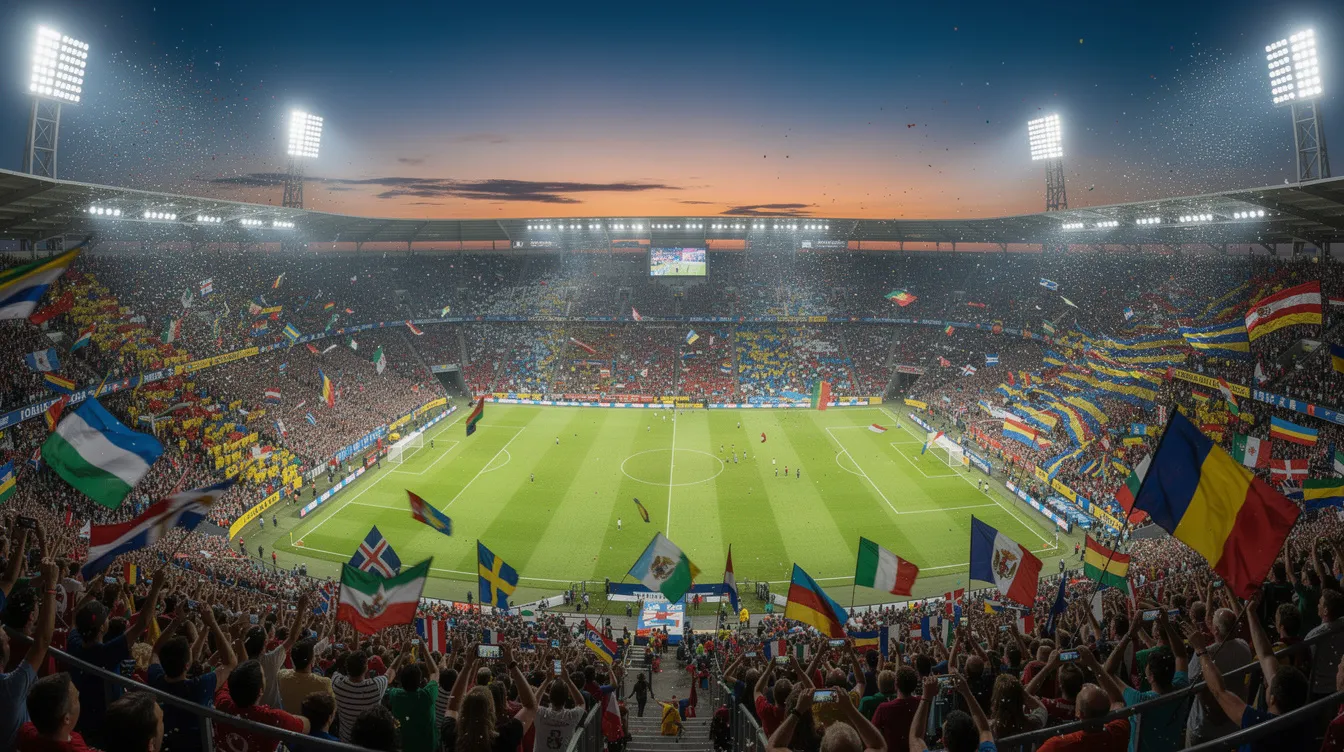 A panoramic view of a packed football stadium illuminated by floodlights at dusk, with enthusiastic fans from various nations waving their flags, creating an electric atmosphere for the FIFA World Cup 2026. The scene captures the excitement of the tournament as supporters cheer for their teams during the group stage matches.