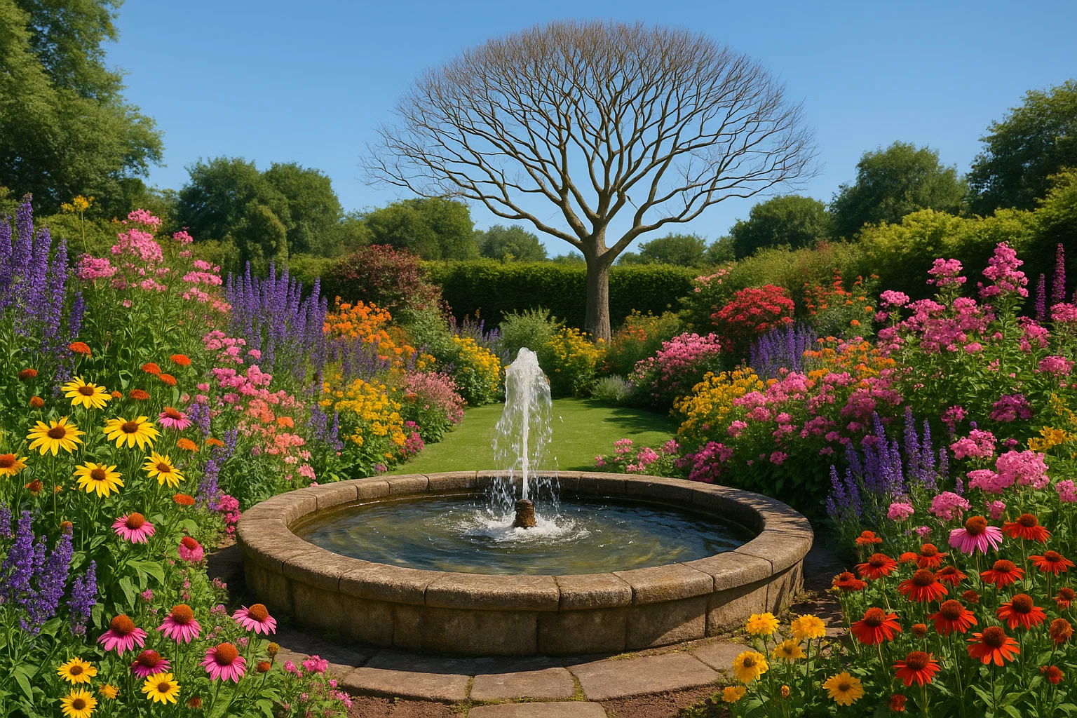 Garden with a summer water feature and a tree for winter focal interest.