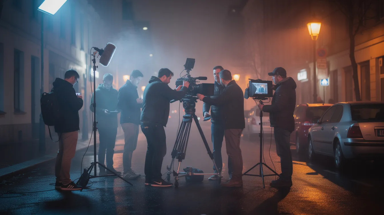 Eine kleine Filmcrew arbeitet bei Nacht an einem Set, das von atmosphärischem Licht in Blau- und Orangetönen erleuchtet wird. Nebel schwebt in der Luft und schafft eine mystische Stimmung in dieser Straßenszene, während die Kamera und das Equipment sorgfältig ausgerichtet sind.