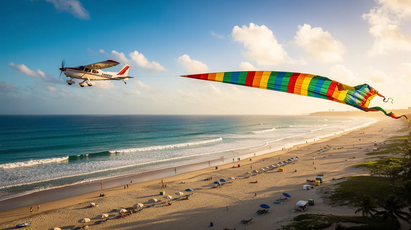 A small airplane is flying over a sandy beach, towing a vibrant banner against a clear blue sky on a sunny day. This scene captures the essence of aviation, showcasing the joy of flight and the beauty of a day spent by the sea.