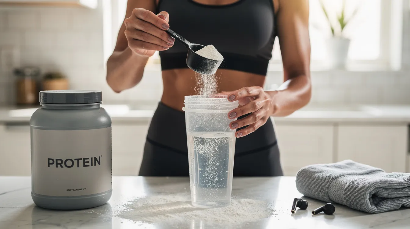 A person is mixing a powdered creatine supplement into a drink, preparing for their workout. This drink is often used by athletes to enhance muscle mass and improve athletic performance, typically involving a dosage of around 5 grams per day for optimal results.