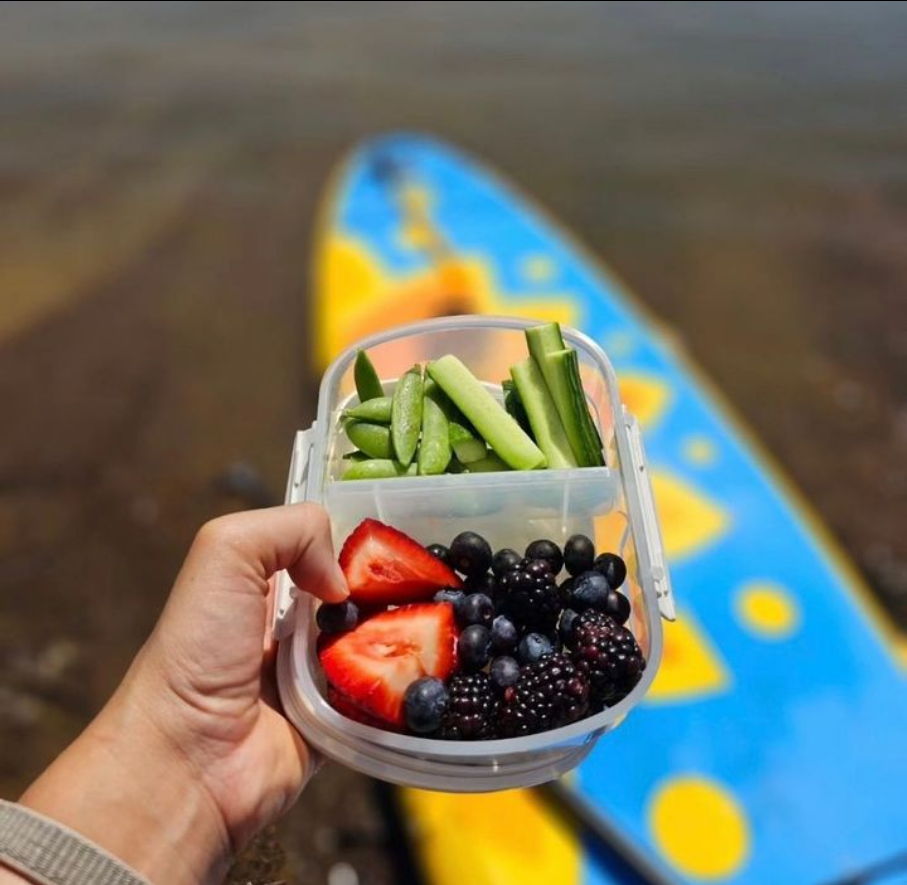 snacks on a paddle board