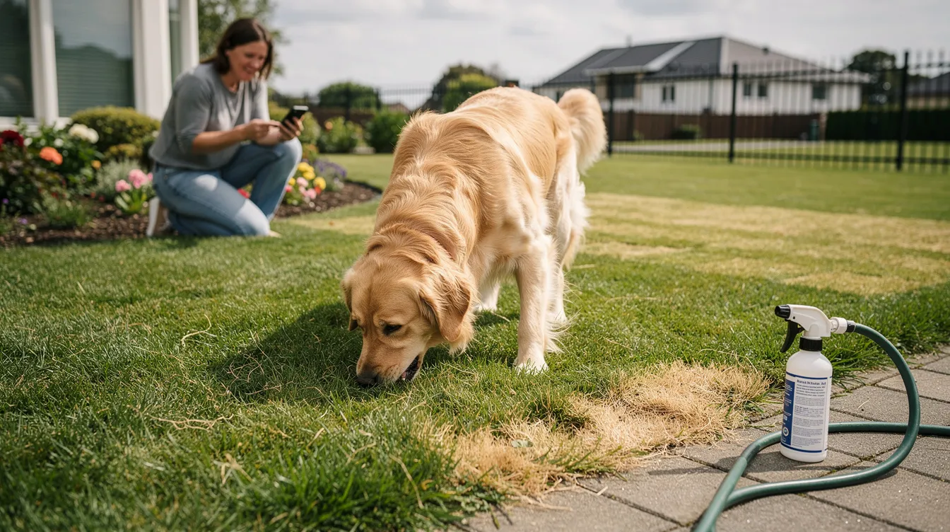 The image depicts a dog in a lush green lawn, curiously chewing on grass, showcasing a common behavior among many dogs. This scene highlights the natural instinct of dogs eating grass, which can be linked to various reasons such as digestive health or simply boredom.