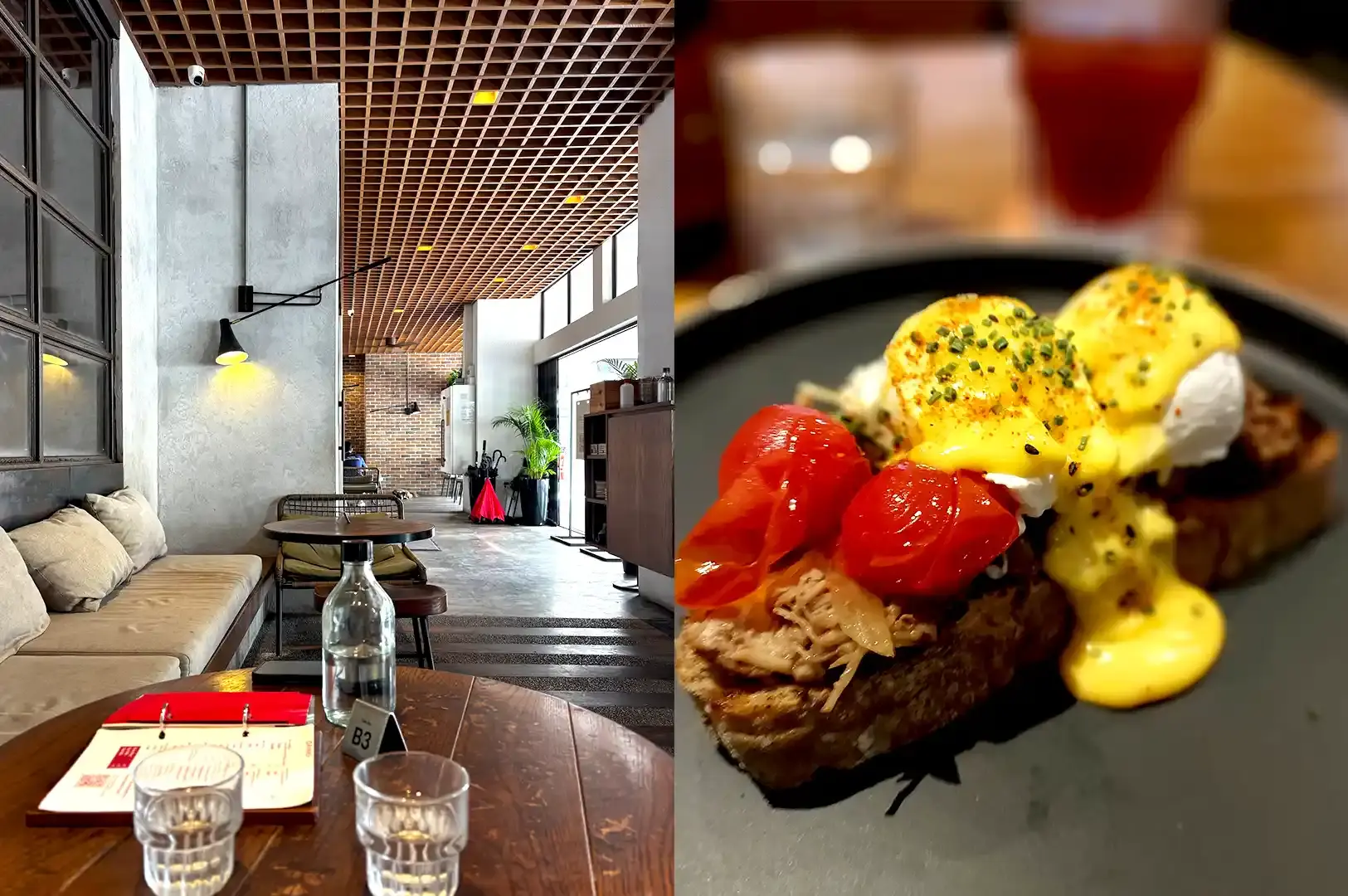 Five Oars Coffee Roasters industrial-chic cafe interior featuring wooden ceilings, ambient lighting, and eggs benedict brunch in Singapore.