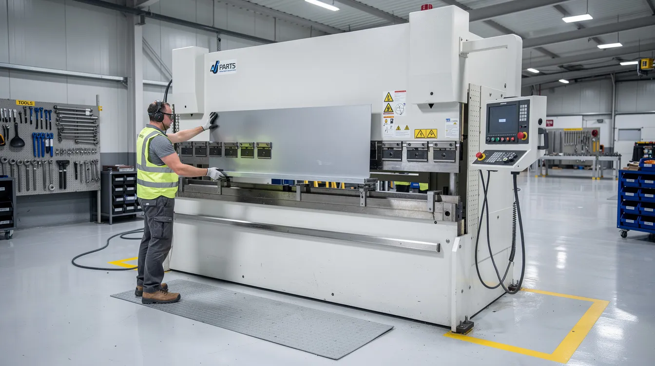 An operator is seen positioning a sheet metal workpiece on an industrial CNC press brake machine within a clean manufacturing facility, showcasing the bending process used to achieve precise angles and shapes in metal bending. The machine is designed for high precision and can handle various materials, ensuring consistent results in the bending operation.