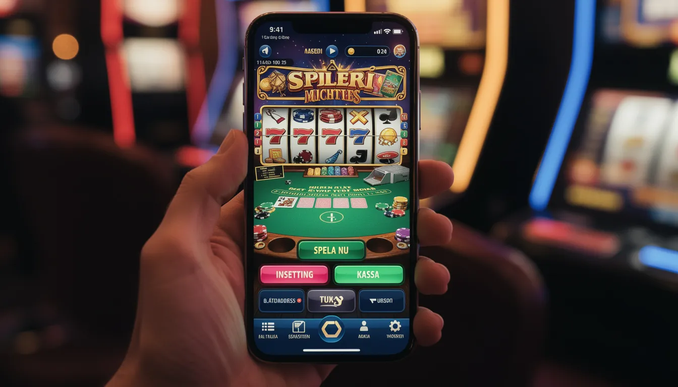 En hand håller en mobiltelefon med ett casinogränssnitt som visar olika spelalternativ, inklusive slots och roulette. Denna bild förmedlar känslan av spänning och möjligheten att spela live casino direkt från din enhet.