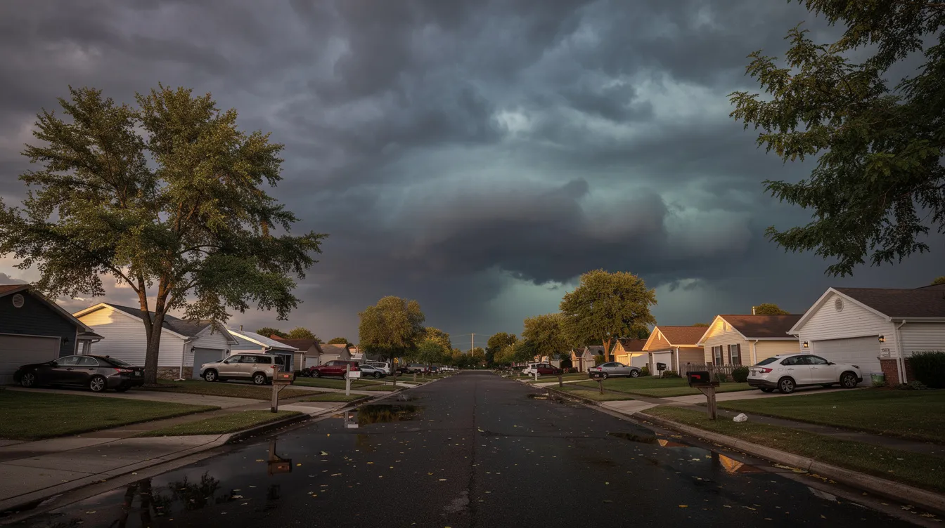 Dark storm clouds loom ominously over a residential neighborhood filled with houses and trees, suggesting an impending storm. Homeowners may need to consider professional gutter cleaning services to prevent clogged gutters and ensure proper drainage during such weather conditions.