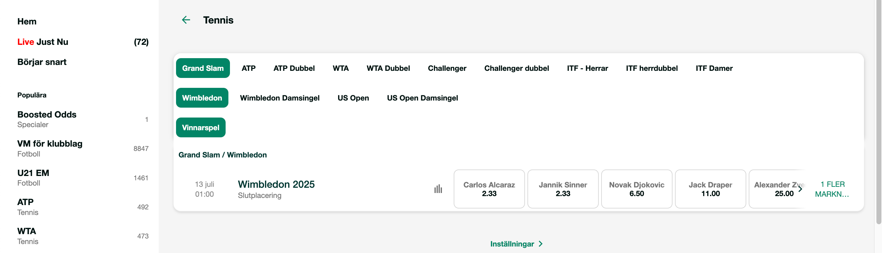 Tennis betting hos Paf casino