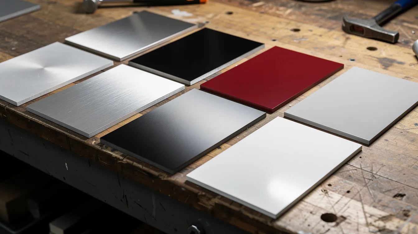 The image shows a workbench displaying several sample metal sheets in various finishes, including raw aluminum, brushed stainless steel, and colorful powder-coated panels, highlighting different sheet metal fabrication materials and surface finishes. This assortment exemplifies the diversity of sheet metal parts used in manufacturing processes.