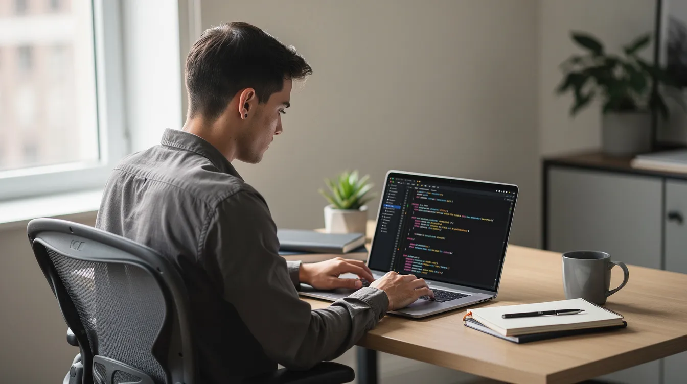 A young professional is seated at a modern desk, intently working on a laptop with lines of code visible on the screen, reflecting the intricacies of deep learning models and natural language processing. The workspace is minimalistic and contemporary, highlighting the focus on technology and productivity in generative AI tasks.