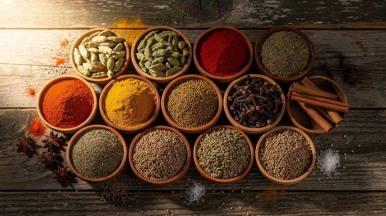 fbaeb3b2 8058 48eb 9a4d 15f2c16b5d5f The image showcases an array of colorful Indian spices, including turmeric, chili powder, and garam masala, elegantly arranged in small wooden bowls on a rustic wooden table. This vibrant display highlights the rich diversity of organic spices, perfect for anyone interested in starting a spice business or exploring the Indian spice market.