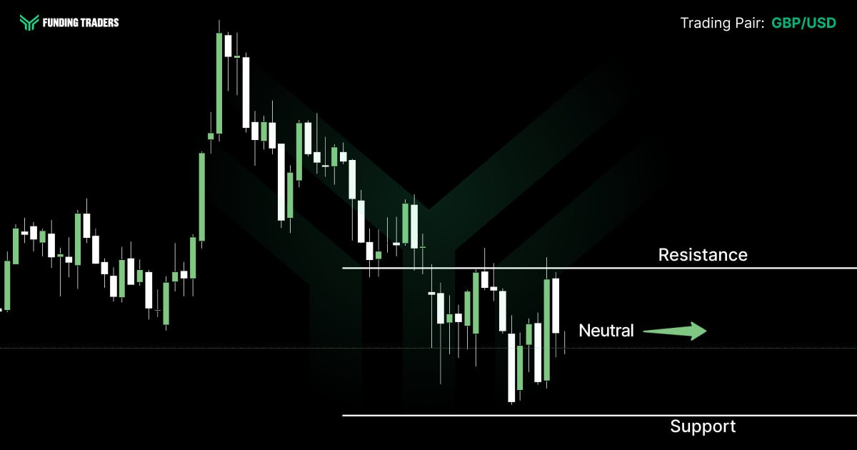 GBP/USD candlestick chart from Funding Traders showing a peak followed by a sustained downtrend, with price now oscillating between resistance and support and a "Neutral" label with a sideways arrow — reflecting indecision as the pair consolidates without a clear directional bias, awaiting a decisive break of either level.