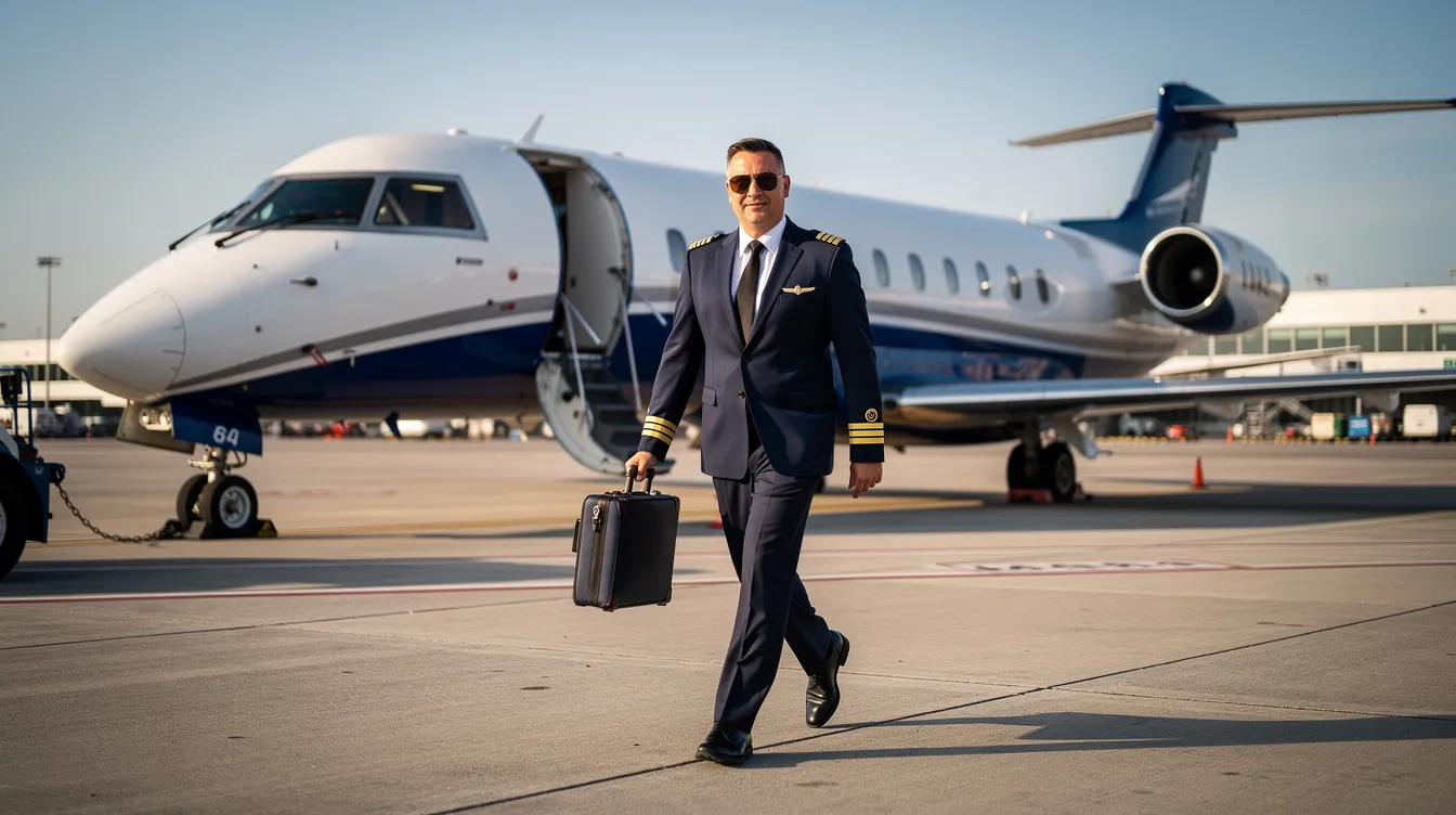 A confident pilot, dressed in a crisp uniform, strides purposefully toward a regional jet parked on the airport tarmac, symbolizing the journey of aspiring airline transport pilots as they embark on their flight training and accumulate flight hours toward obtaining their commercial pilot license. The scene captures the essence of aviation careers and the dedication required to become a pilot.