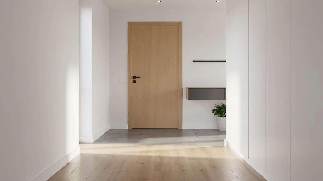 The image depicts a modern interior door installation taking place in a bright hallway, illuminated by natural light streaming through windows. The scene highlights the new door frame being fitted, showcasing the clean lines and contemporary design that enhance the home's curb appeal.