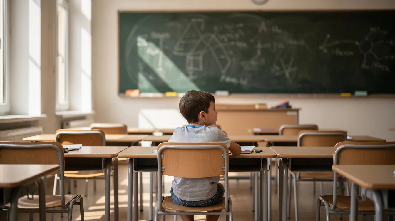Een kind kijkt aandachtig naar een schoolbord in een klaslokaal, omringd door rijen stoelen en met daglicht dat door de ramen valt. De concentratie van het kind kan wijzen op de uitdagingen van bijziendheid, zoals hoge myopie, waarbij het zicht op afstand onscherp kan zijn.