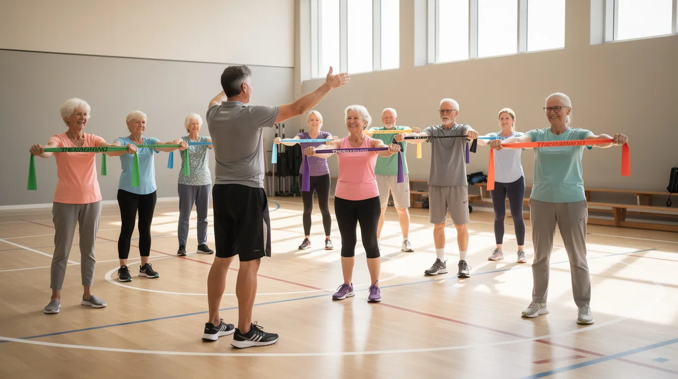 Eine Gruppe von Senioren trainiert mit Therabändern in einer hellen Turnhalle, während sie von einem Trainer angeleitet werden. Dieses Krafttraining zielt darauf ab, Muskelmasse und -kraft zu erhalten, um den Folgen von Sarkopenie und Bewegungsmangel im Alter entgegenzuwirken.