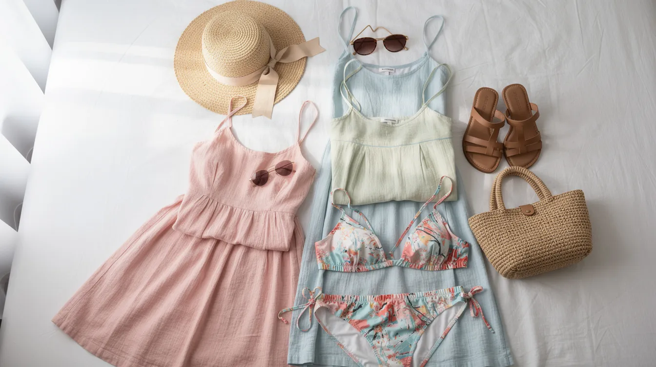 A neatly arranged vacation wardrobe flat lay on a white bed features a variety of cruise outfits, including cotton dresses, swimsuits, a straw hat, and comfortable sandals, perfect for casual beach days or evenings on the cruise ship. The assortment showcases individual style and includes essentials for shore excursions and pool deck relaxation.