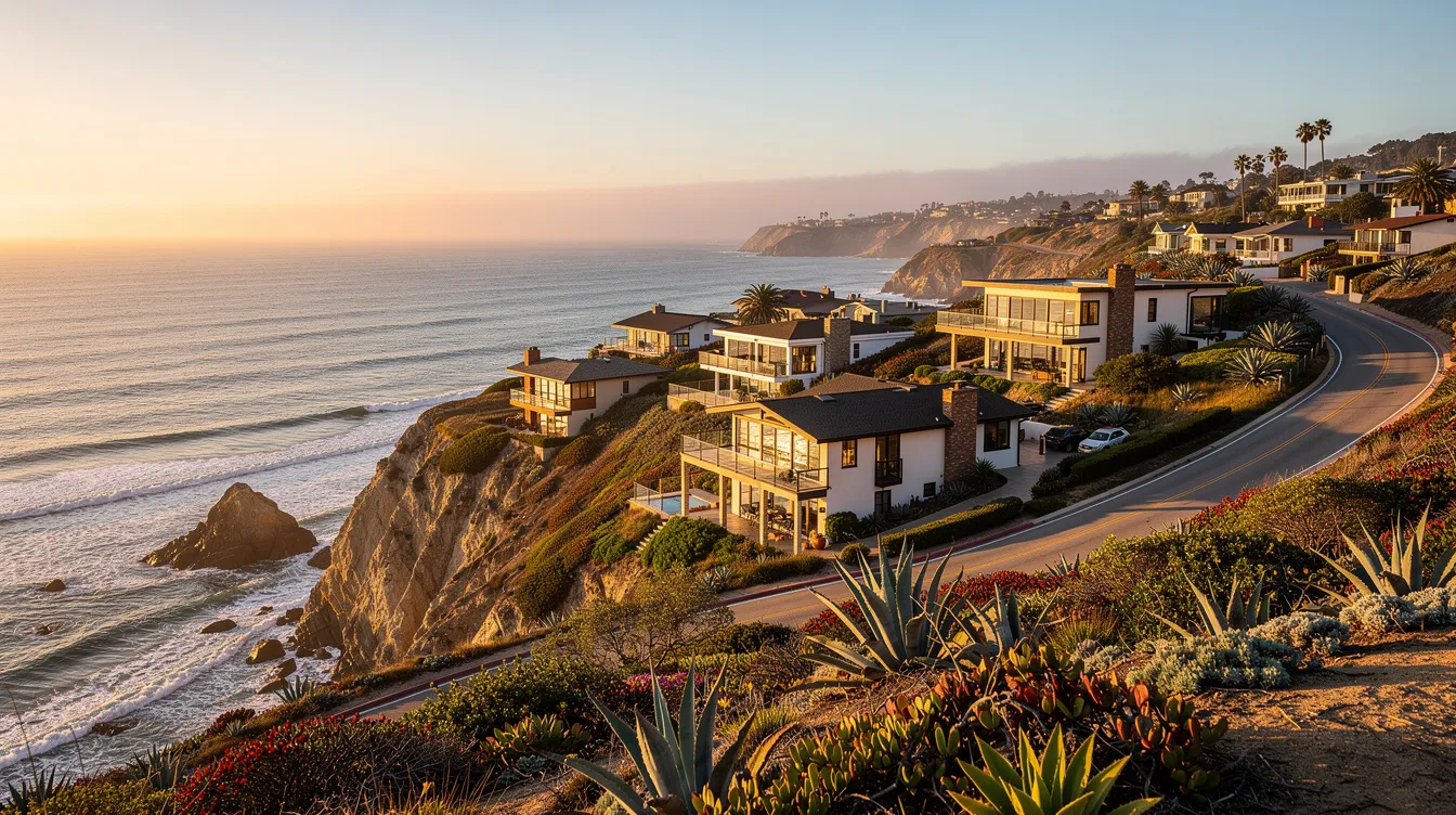 The image depicts charming coastal homes in California, perched on cliffs with sweeping views of the ocean. This serene landscape reflects the lifestyle of high net worth individuals who may seek estate planning and tax law expertise to manage their properties and ensure compliance with estate tax returns.