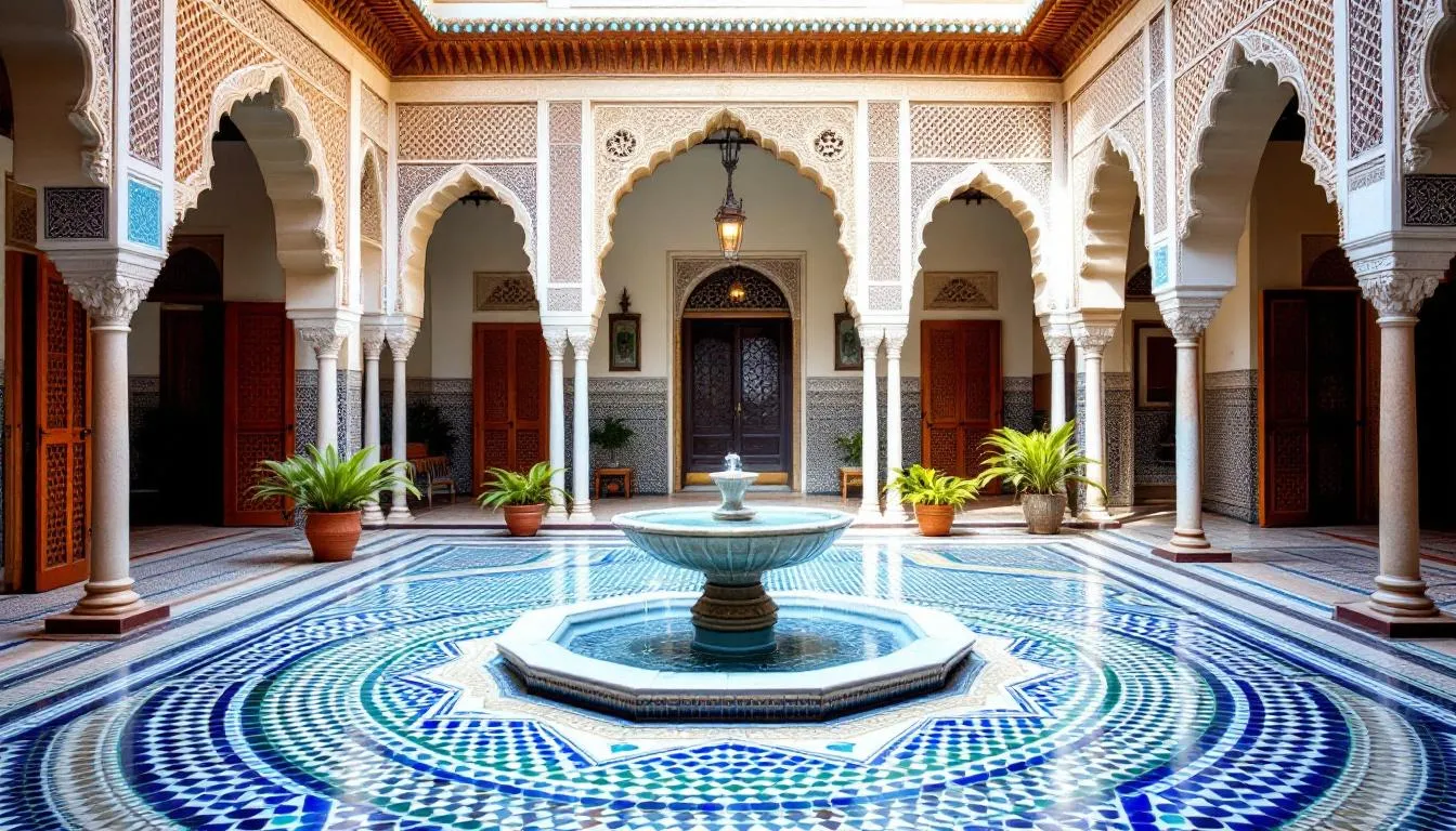 The image depicts a traditional Moroccan riad courtyard featuring a central fountain surrounded by vibrant, colorful tiles and elegant arched walkways. This serene space reflects the rich cultural heritage of Marrakech, Morocco, making it an ideal place for tourists to relax and immerse themselves in the local atmosphere.