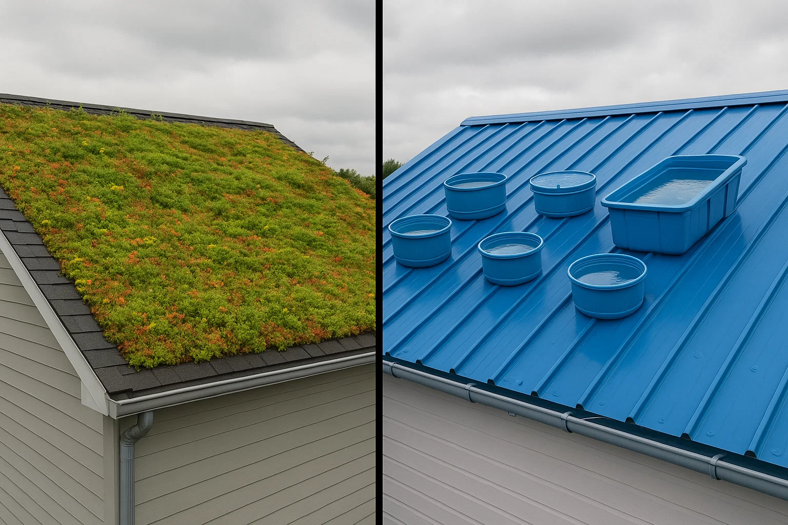Side-by-side comparison of a green roof with plants and a blue roof with water storage zones.