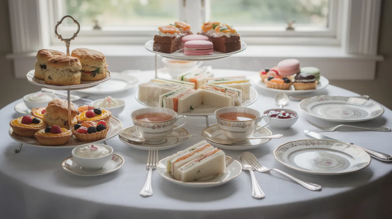 The image features a beautifully arranged table set for afternoon tea, complete with delicate tea cups, freshly baked scones, assorted sandwiches, and an array of pastries. This delightful spread captures the essence of a quintessential British experience, perfect for visitors enjoying a trip to London.