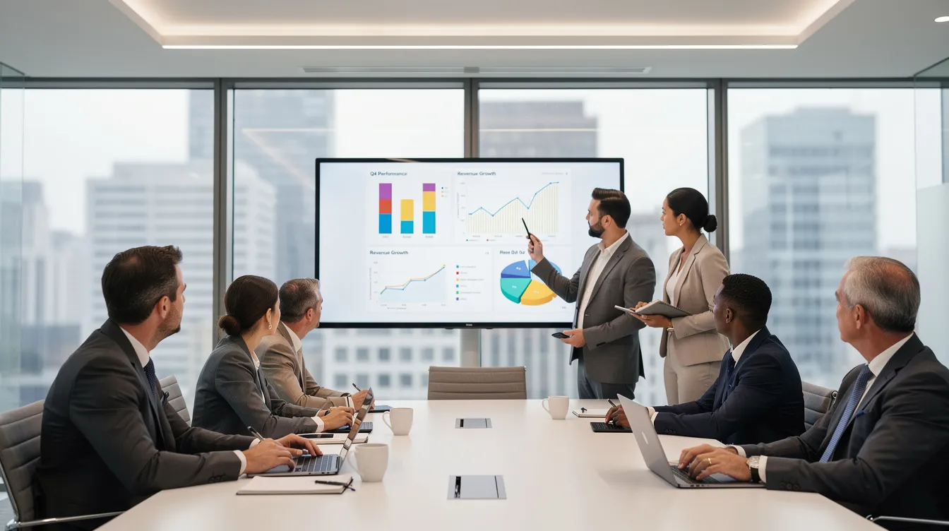 A diverse team of professionals in a modern office setting is gathered around a large screen, analyzing data charts that likely represent various AI initiatives and their business outcomes. The scene reflects a focus on leveraging AI tools to measure impact and drive strategic value within their organization.
