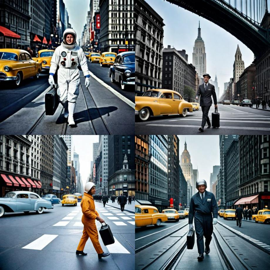 4 images of an astronaut walking through New York holding a brief case, colorised. Only one image shows a proper spaceman. The top right image is just a man with in a suit with a briefcase, and the one beneath that has put a helmet on him.