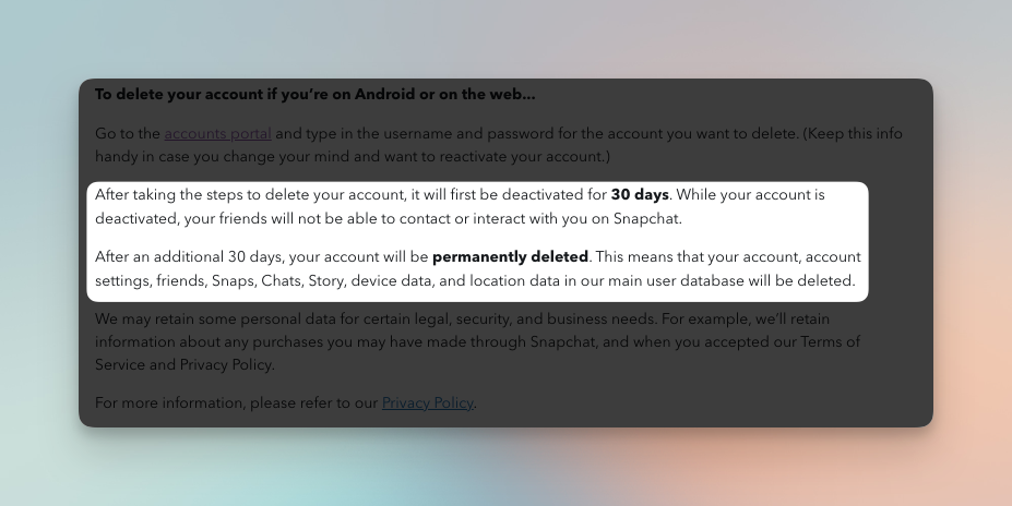Remote.tools highlights a snippet where it is shown that you have 30 days to recover a deactivated Snapchat account.