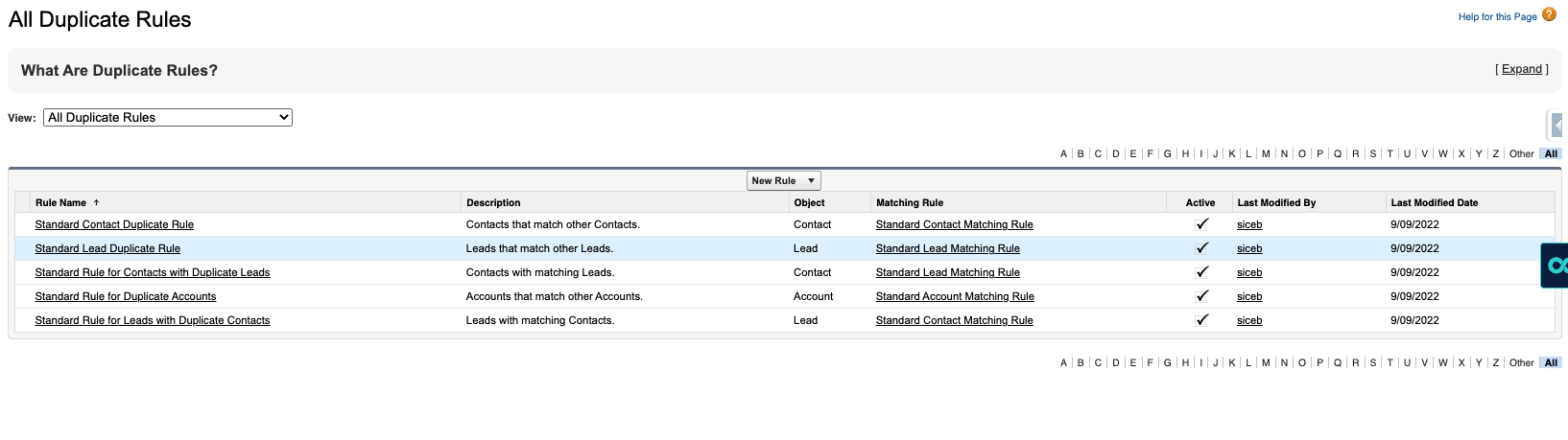 Screenshot of Salesforce Duplicate Rules