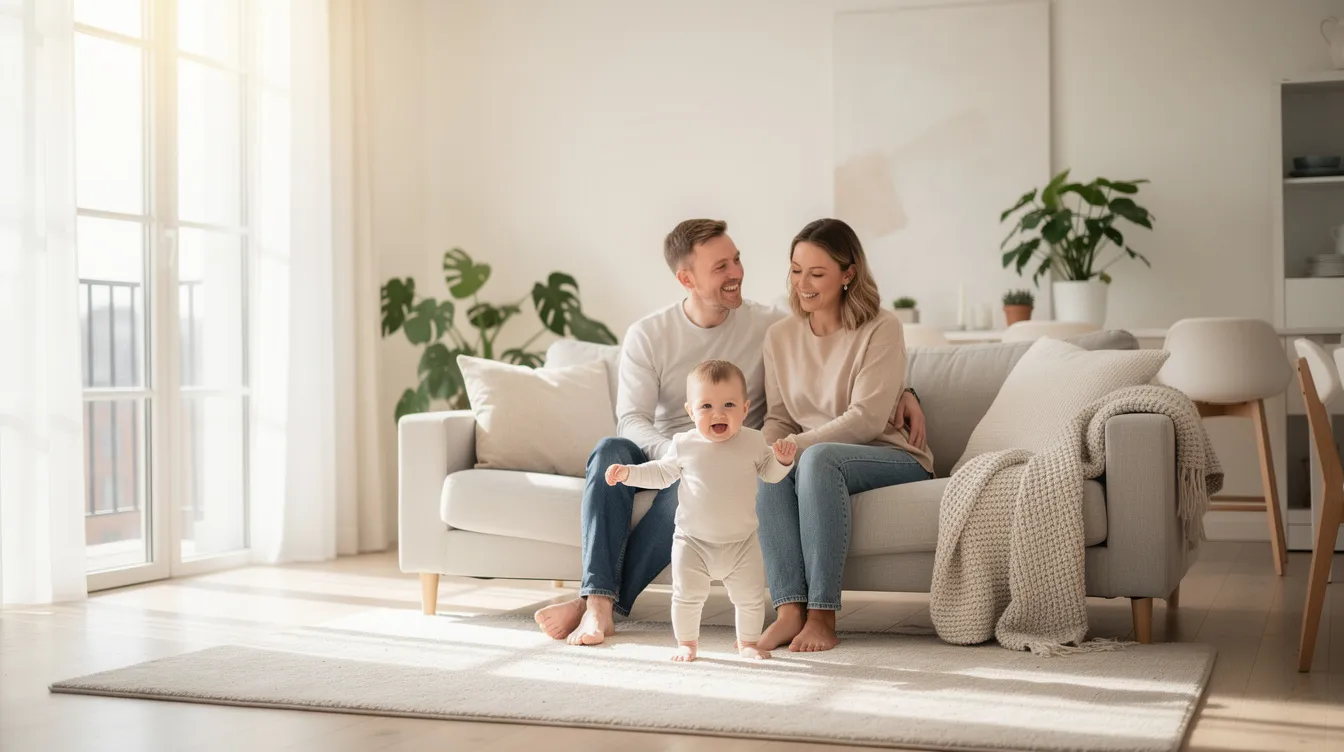 Das Bild zeigt eine junge Familie mit einem kleinen Kind in einer hellen, freundlichen Wohnung. Die Eltern lächeln und scheinen entspannt, während das Kind auf dem Boden spielt, was ein Gefühl von Geborgenheit und Familienglück vermittelt.