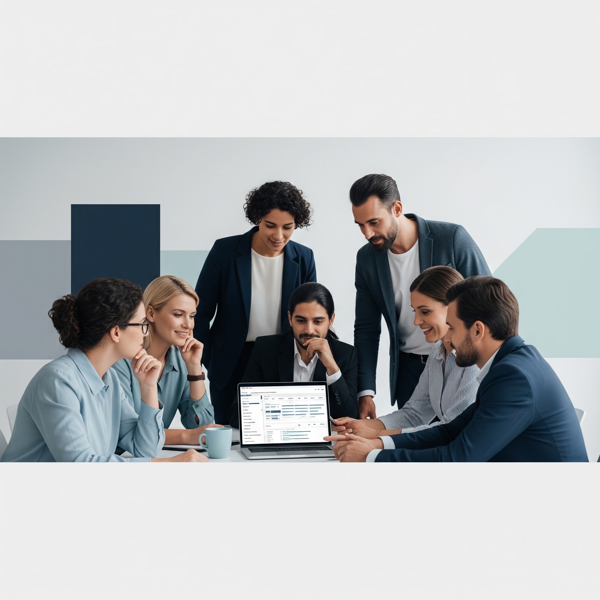 A diverse group of professionals in modern business attire sit and stand around a laptop, reviewing candidate assessment data on the screen. The team appears focused and collaborative in a bright, minimalist office space with soft teal and navy accents, reflecting a data-driven hiring approach.