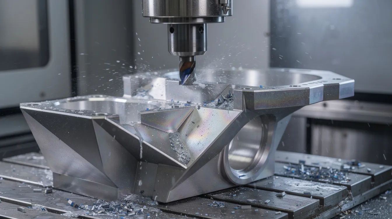 A five-axis CNC machining center is actively cutting a complex titanium component featuring multiple angled surfaces, showcasing the precision of modern CNC machining technology. The rotating cutting tool efficiently removes material to achieve the desired shape, highlighting the intricacies of the CNC machining process in manufacturing high-accuracy parts.