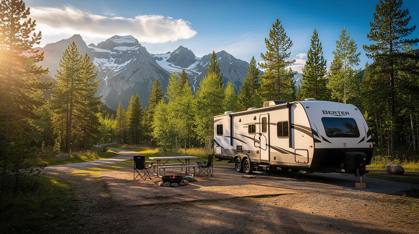 A travel trailer is parked in a picturesque mountain campsite surrounded by tall pine trees and a clear blue sky, ideal for enjoying nature. This serene setting highlights the importance of routine maintenance and inspections for RVs to ensure a safe and enjoyable camping experience.