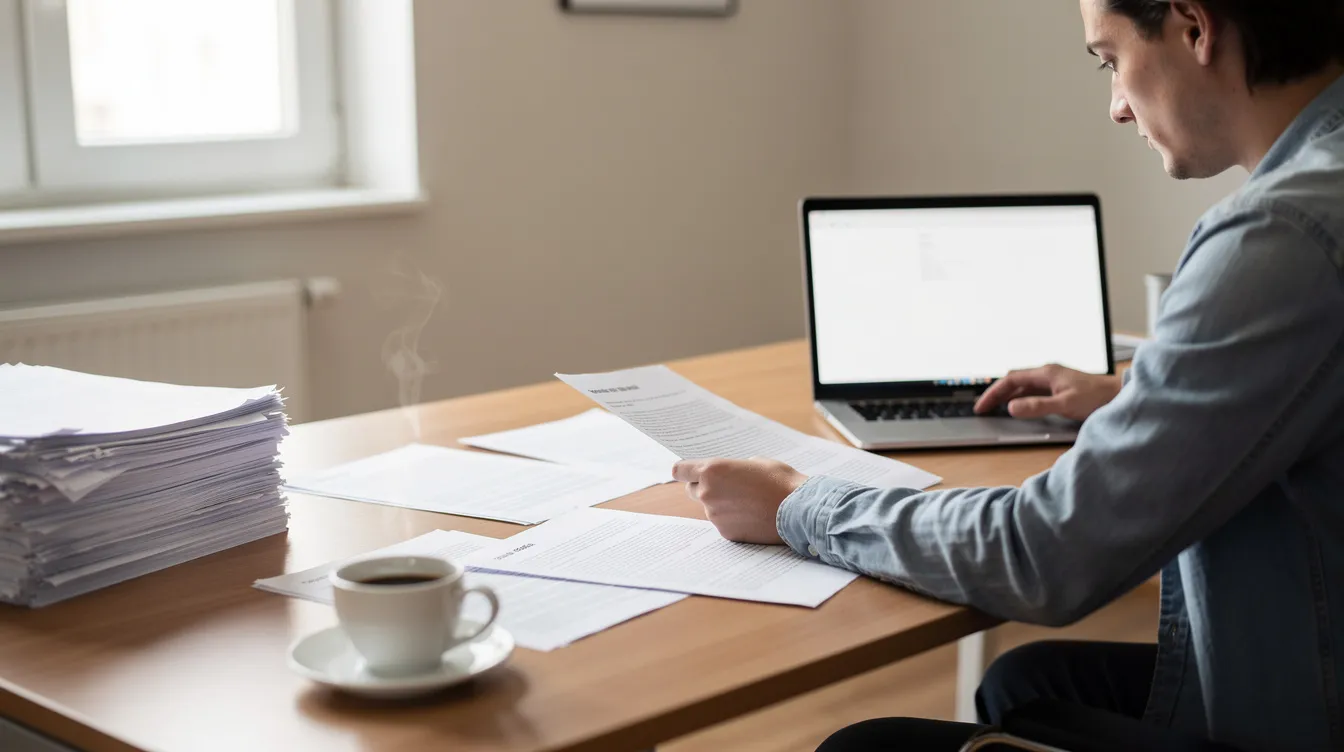 A person is seated at a desk, reviewing documents while a laptop sits open nearby, surrounded by scattered papers and a coffee cup. This scene reflects the commitment to education and the challenges faced by individuals in Ireland, particularly students navigating their rights and conditions during their time in Dublin.