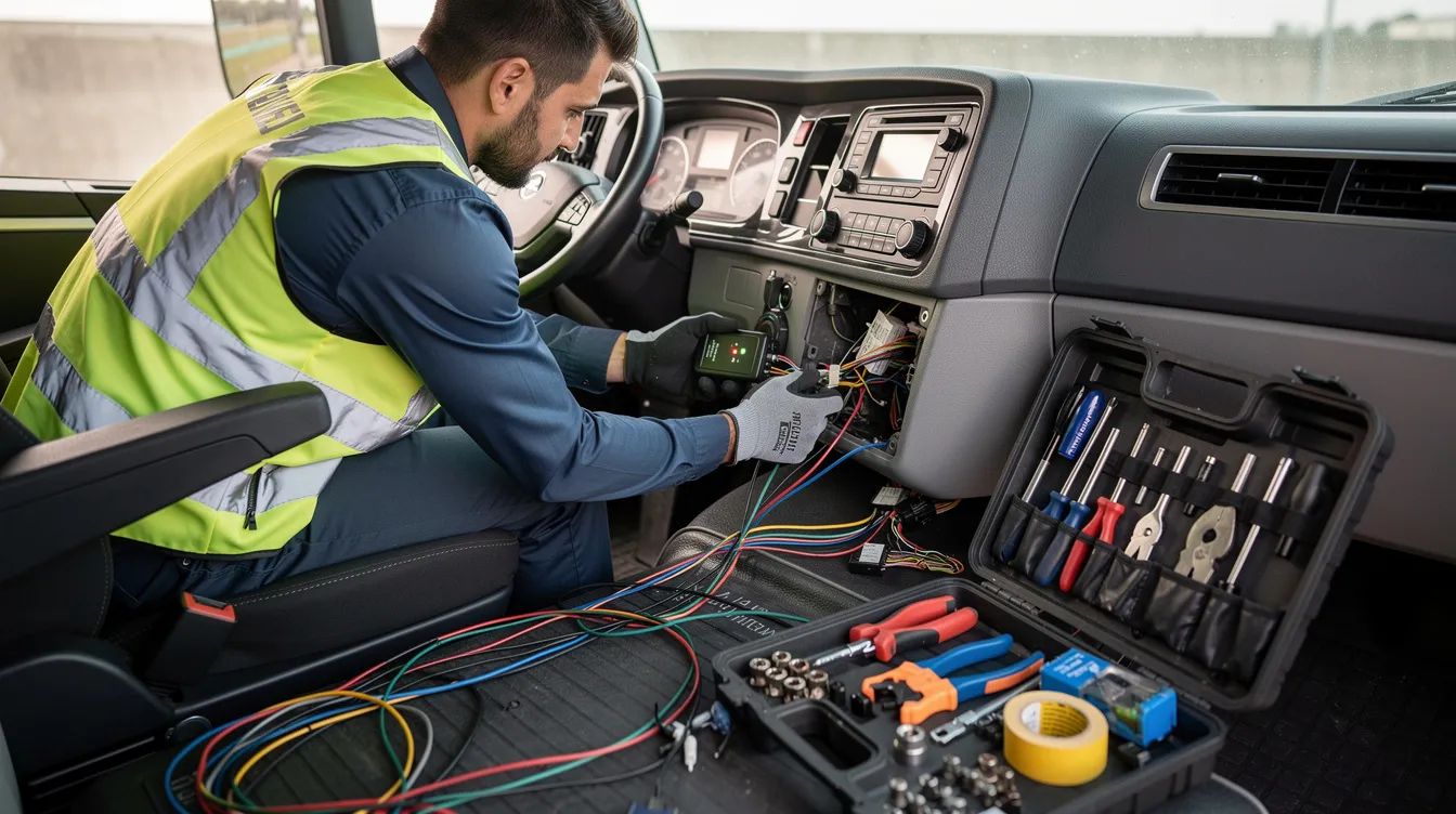 Fleet Telematics Services:: A technician is seen installing a GPS tracking device in the cab of a commercial truck, surrounded by various tools and visible wiring. 