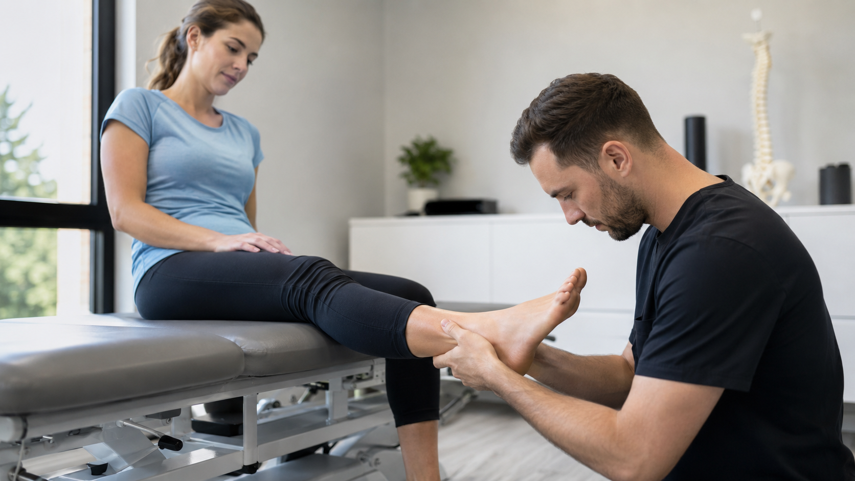 Physical therapy evaluation for chronic heel and arch pain in a rehabilitation clinic.