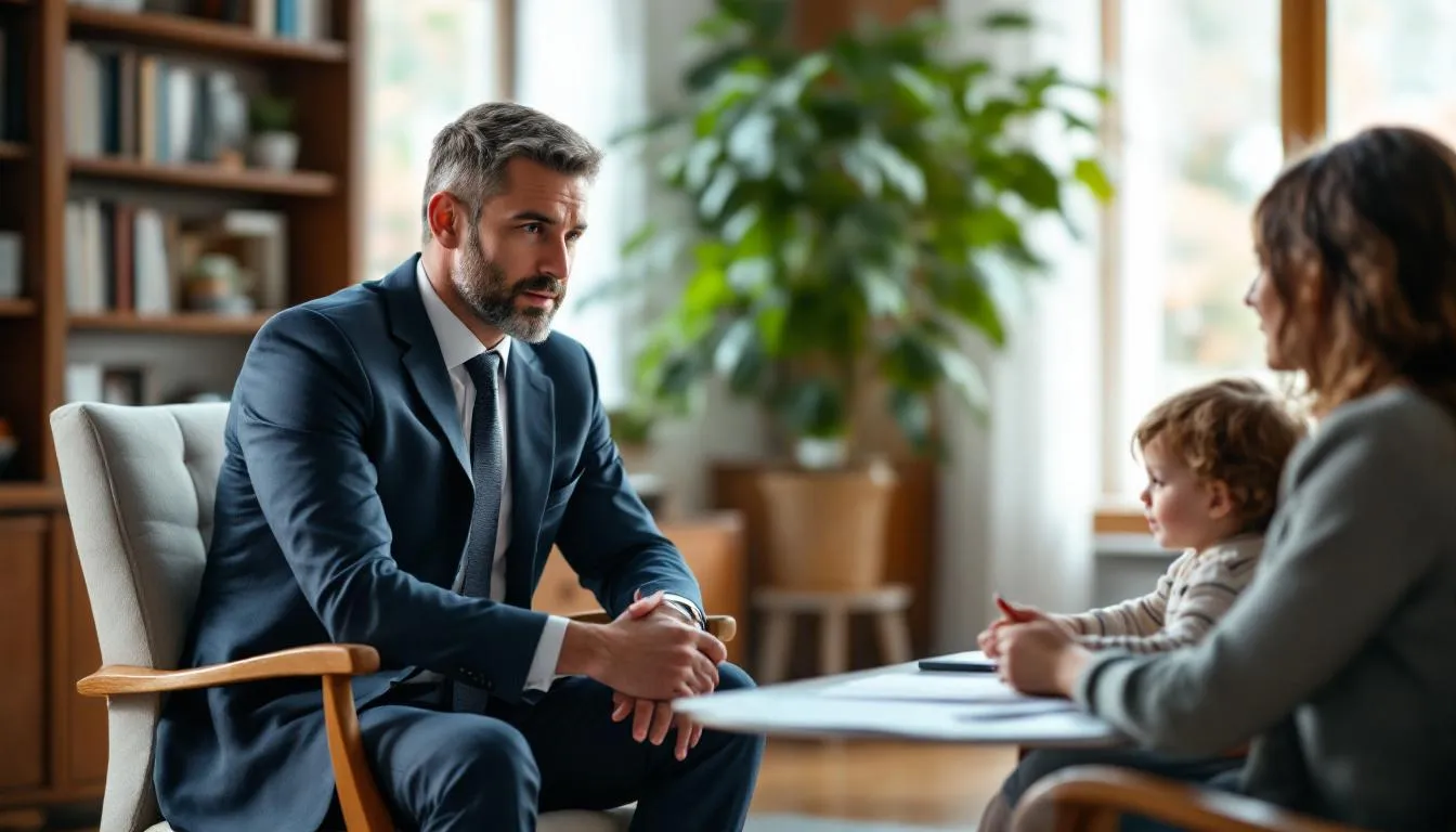 A family law attorney discussing custody matters with a family, focusing on child's best interests.
