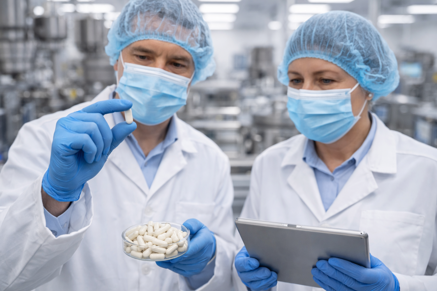Two people wearing lab coats, gloves, hair nets, and masks inspect a capsule while one holds a tablet computer in a pharmaceutical lab.