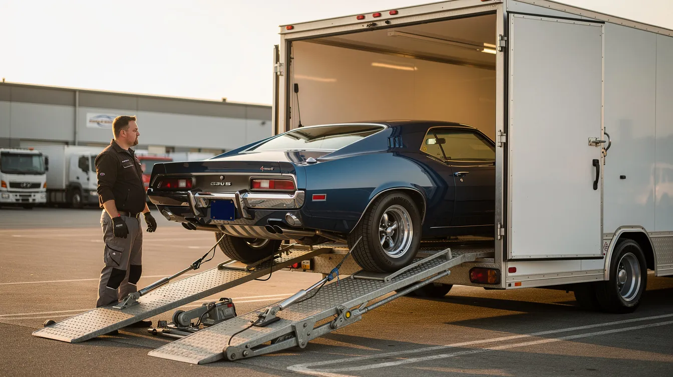 A classic muscle car is being carefully loaded into a fully enclosed trailer using a hydraulic lift-gate, ensuring maximum protection during transport. This enclosed auto transport method provides added security for high-value vehicles against harsh weather conditions and road debris.